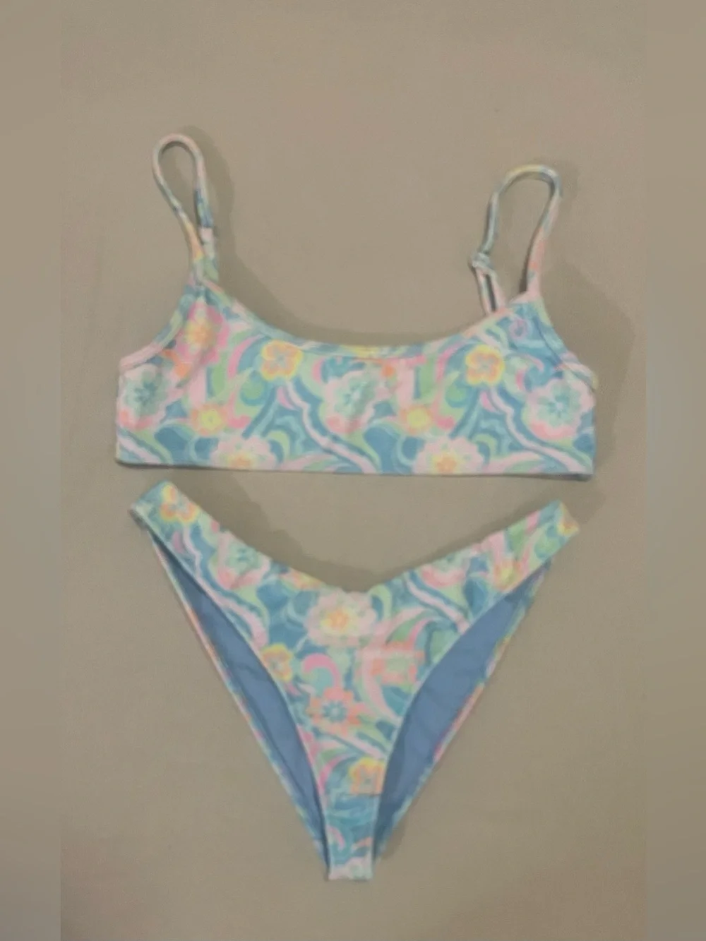 Frankie's Bikinis Pastel Floral Scoop Top & High-Cut Bottom in Blue, Pink, Mint
